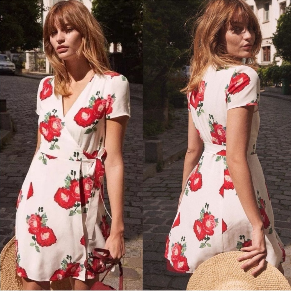 Sezane White Mini Wrap Dress with Red Floral Print